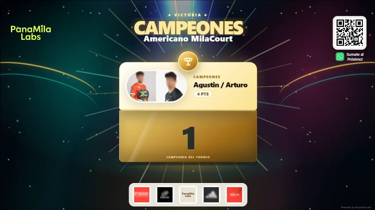 Pantalla de MilaCourt celebrando a los campeones de un torneo Americano